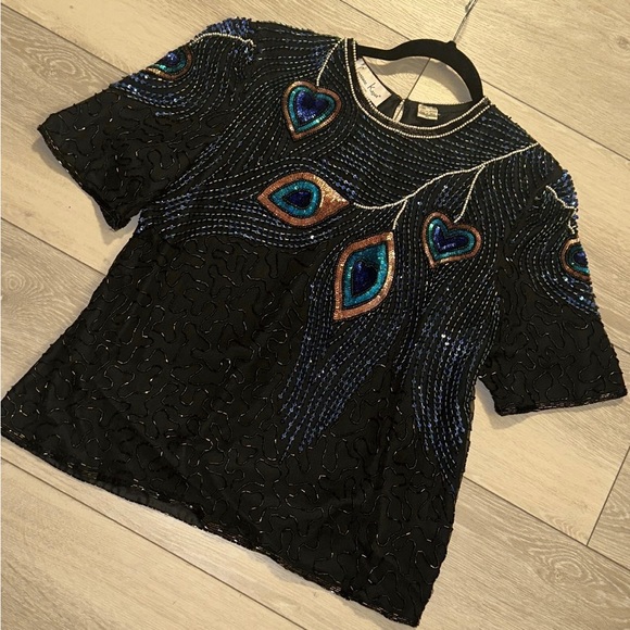 Laurence Kazar Tops - Vintage beaded sequin peacock top